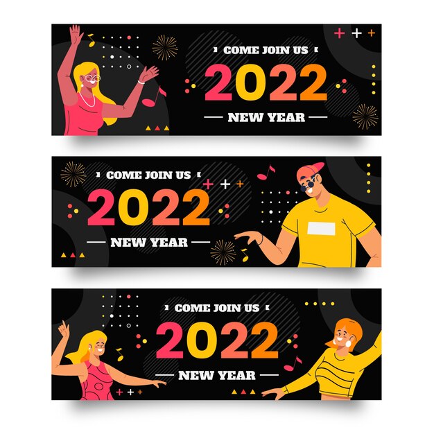 Vector conjunto de banners de feliz año nuevo 2022 planos dibujados a mano