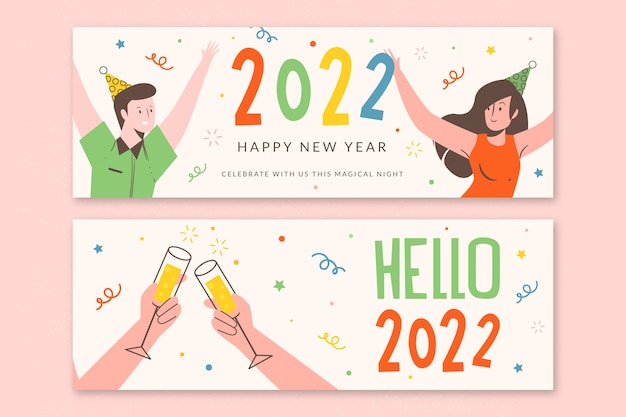 Conjunto de banners de feliz año nuevo 2022 planos dibujados a mano