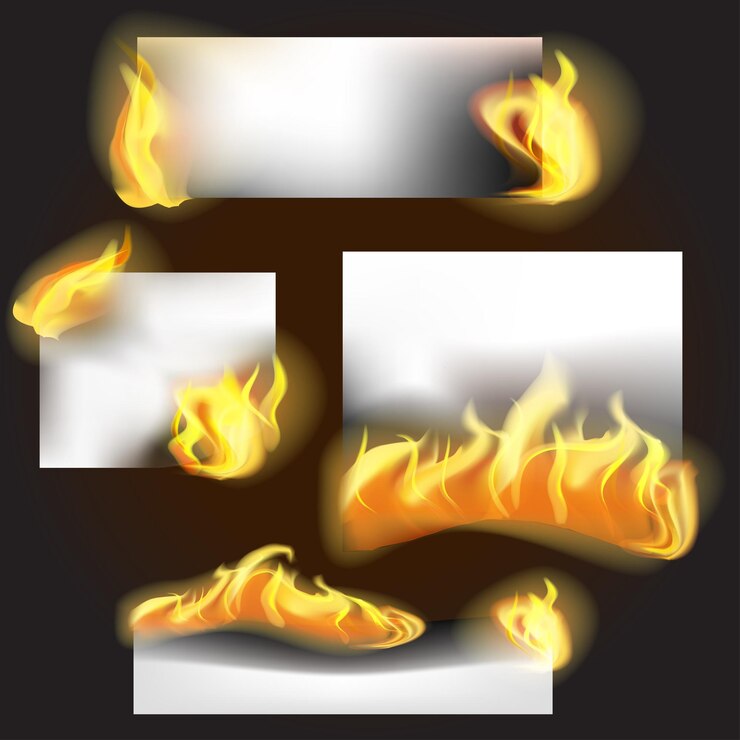 Vector conjunto de banners de fuego 3d detallados realistas con elementos de llama caliente para promoción y marketing ilustración vectorial de blazing banners