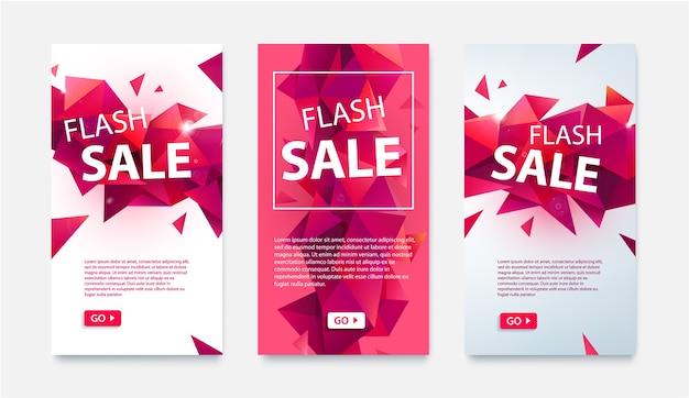 Conjunto de banners geométricos de redes sociales para compras en línea, venta flash. ilustraciones rojas de baja poli faceta para banners de sitios web y móviles, carteles, diseños de correo electrónico, anuncios, promoción