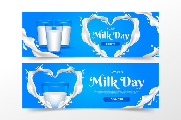 Vector conjunto de banners de gradiente del día mundial de la leche