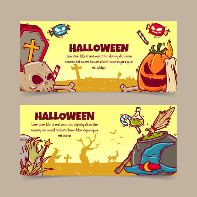 Conjunto de banners de halloween dibujados a mano