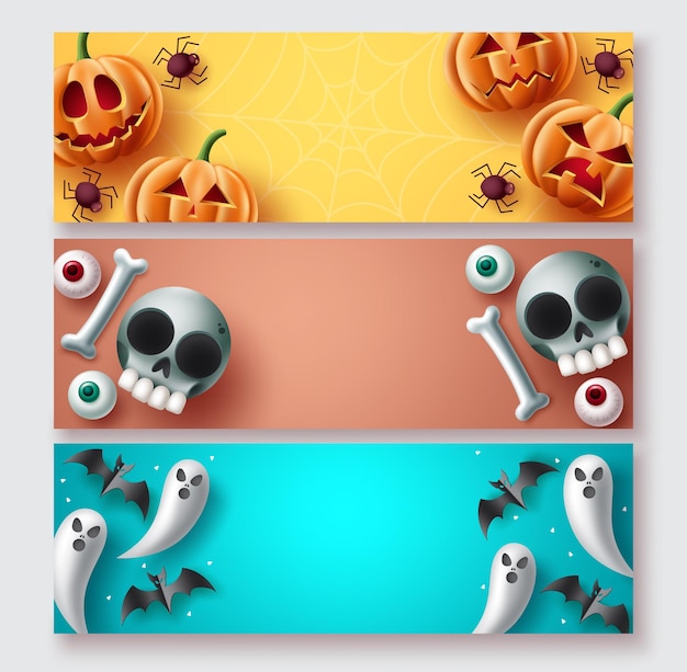 Vector conjunto de banners de halloween diseño vectorial colección de fondo de halloween con lindo personaje de mascota