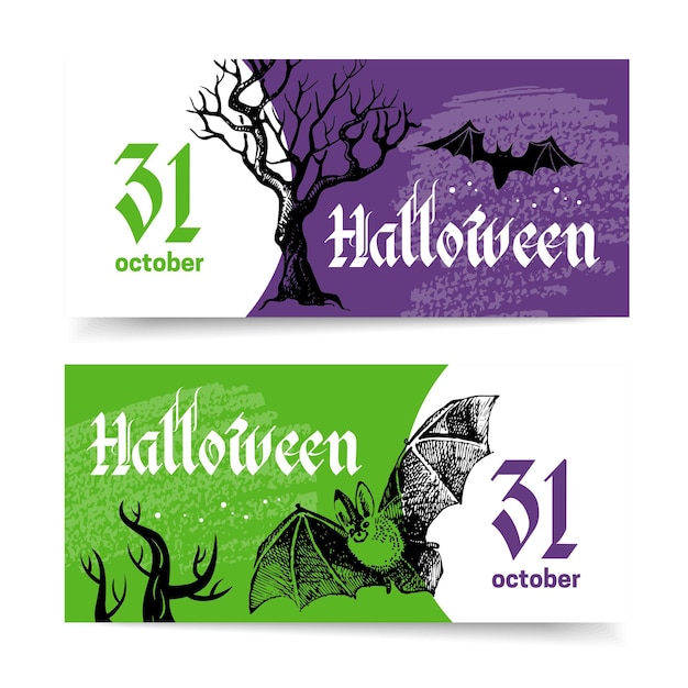 Conjunto de banners de Halloween Invitaciones de boceto dibujado a mano Ilustración vectorial