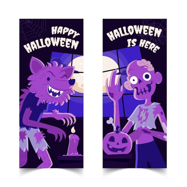 Vector conjunto de banners de halloween planos dibujados a mano