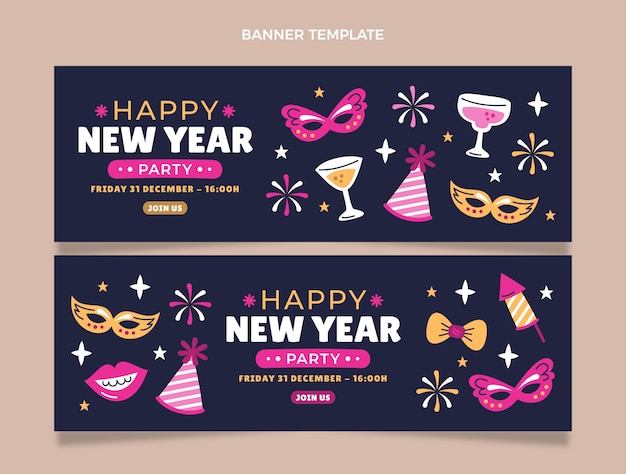 Vector conjunto de banners horizontales de año nuevo plano dibujado a mano