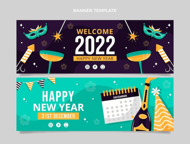 Vector conjunto de banners horizontales de año nuevo plano