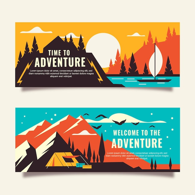 Conjunto de banners horizontales de aventura plana.