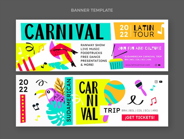 Conjunto de banners horizontales de carnaval plano.