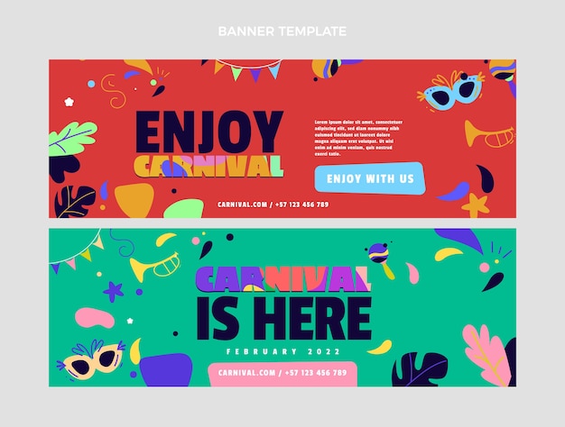 Conjunto de banners horizontales de carnaval plano.
