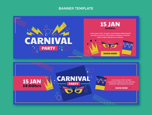 Conjunto de banners horizontales de carnaval plano.