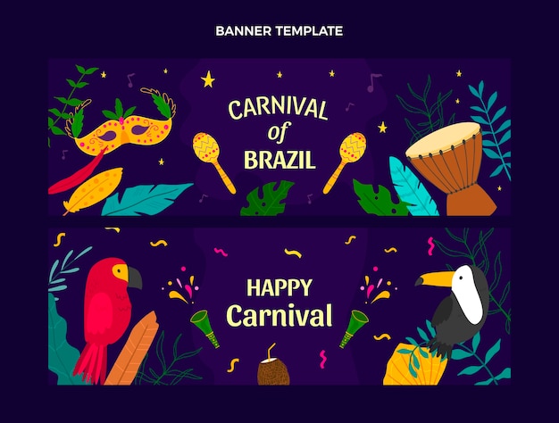 Conjunto de banners horizontales de carnaval plano.