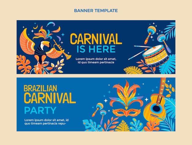 Conjunto de banners horizontales de carnaval plano.