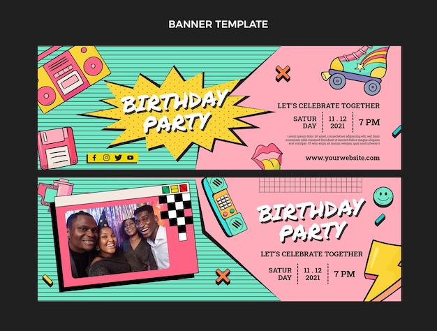 Conjunto de banners horizontales de cumpleaños nostálgico de los 90 dibujados a mano