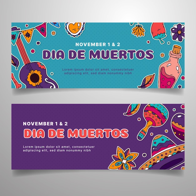 Conjunto de banners horizontales dia de muertos dibujados a mano