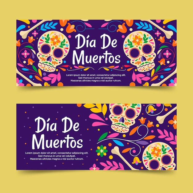 Conjunto de banners horizontales de dia de muertos plano