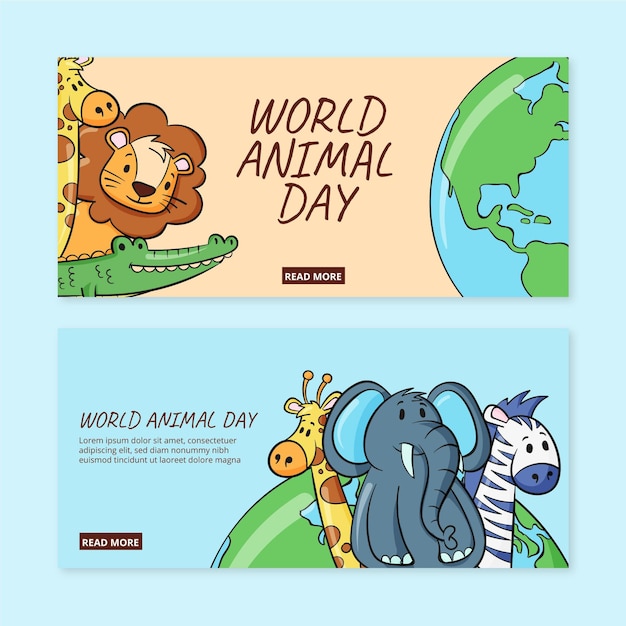 Conjunto de banners horizontales del día mundial de los animales dibujados a mano