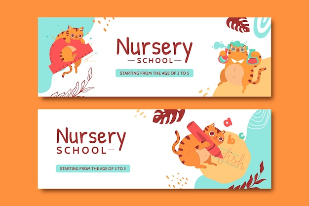 Conjunto de banners horizontales de escuela infantil plana