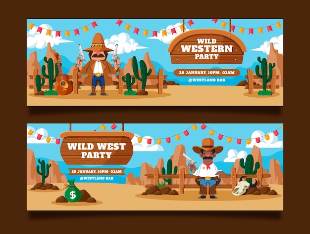 Vector conjunto de banners horizontales de evento de fiesta de vaquero