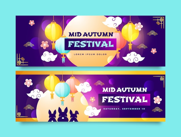 Vector conjunto de banners horizontales del festival del medio otoño degradado