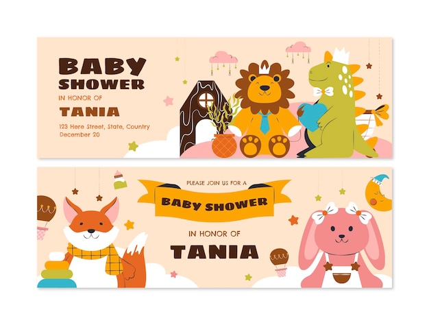 Conjunto de banners horizontales de fiesta de baby shower plana