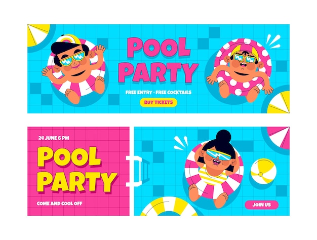 Vector conjunto de banners horizontales de fiesta en la piscina plana