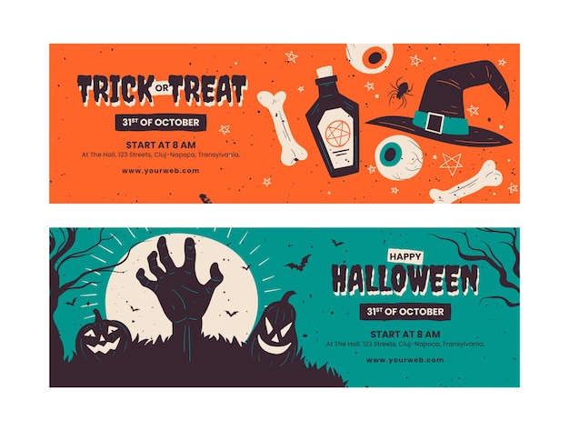 Vector conjunto de banners horizontales de halloween vintage dibujados a mano