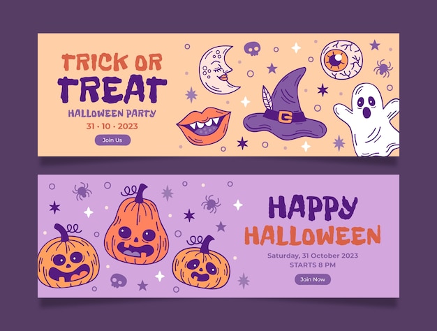 Vector conjunto de banners horizontales de halloween vintage dibujados a mano