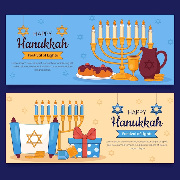 Vector conjunto de banners horizontales de hanukkah planos dibujados a mano