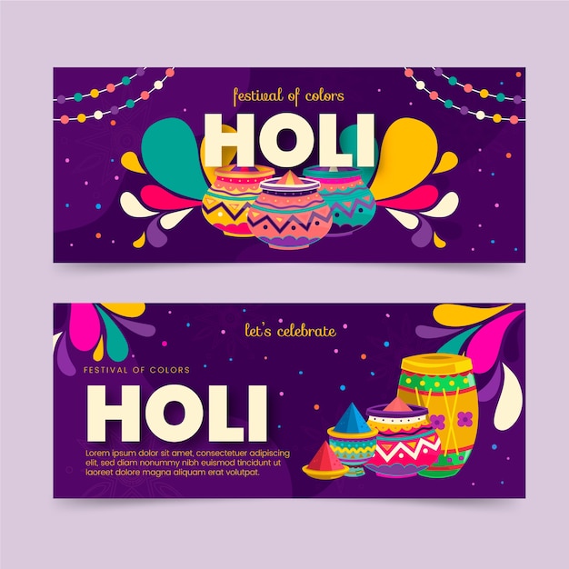 Conjunto de banners horizontales holi dibujados a mano