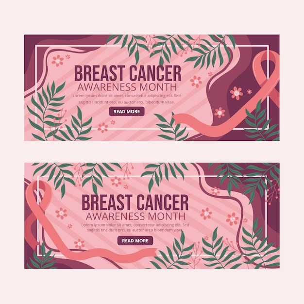 Vector conjunto de banners horizontales del mes de concientización sobre el cáncer de mama dibujados a mano