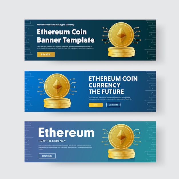 Conjunto de banners horizontales con un montón de monedas de oro cripto moneda ethereum