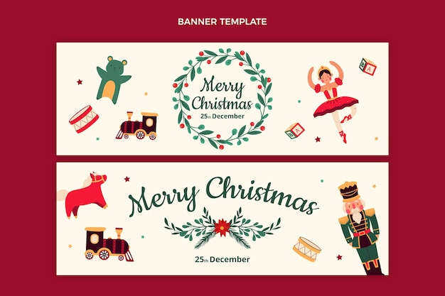 Vector conjunto de banners horizontales navideños planos dibujados a mano