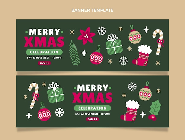 Vector conjunto de banners horizontales navideños planos dibujados a mano