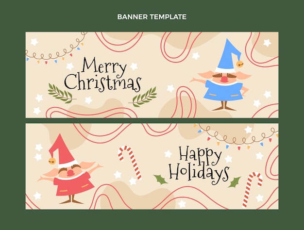 Conjunto de banners horizontales navideños planos dibujados a mano
