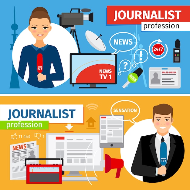 Vector conjunto de banners horizontales noticias y profesión periodista.