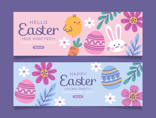 Conjunto de banners horizontales de pascua dibujados a mano