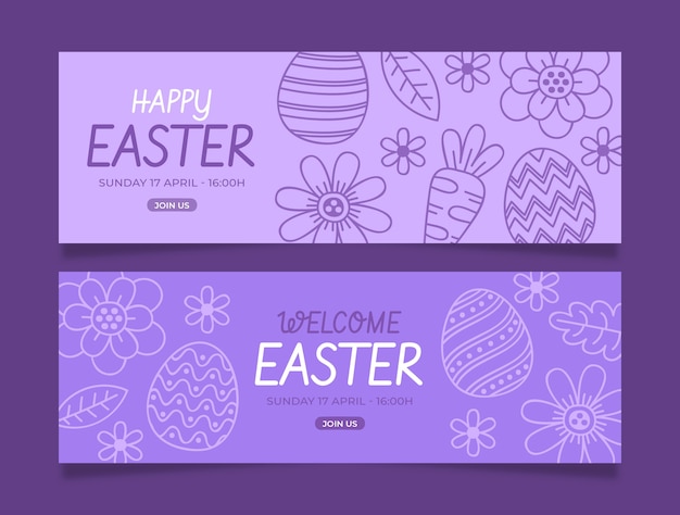 Conjunto de banners horizontales de pascua dibujados a mano