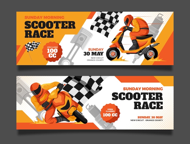 Vector conjunto de banners horizontales planos para carreras con motocicleta