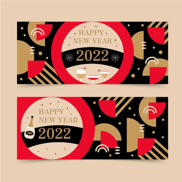 Conjunto de banners horizontales planos feliz año nuevo 2022