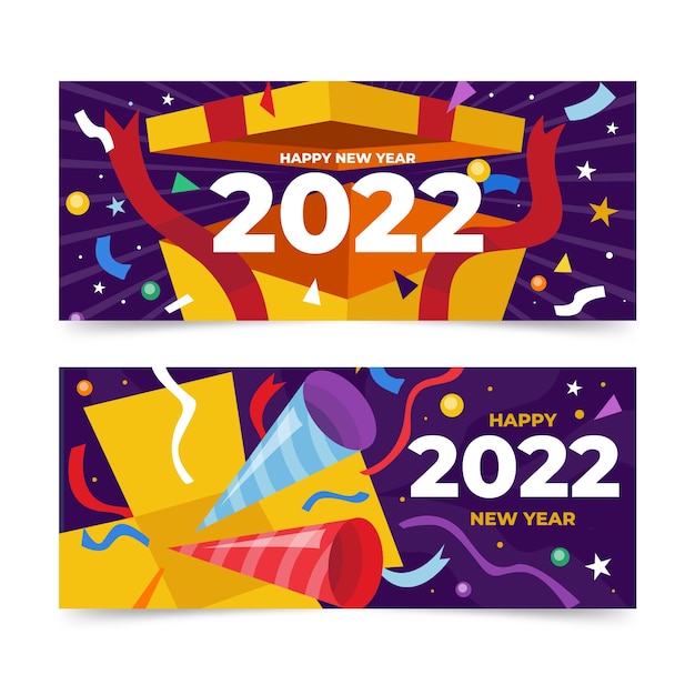 Conjunto de banners horizontales planos feliz año nuevo 2022