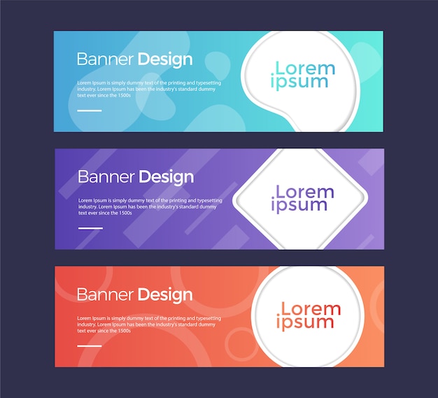 Conjunto de banners horizontales Plantilla universal para un sitio web con texto, botones y elementos transparentes.