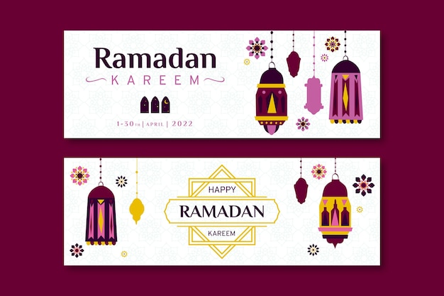 Vector conjunto de banners horizontales de ramadán plano