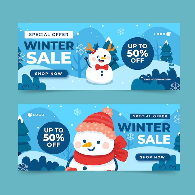 Vector conjunto de banners horizontales de rebajas de invierno plano dibujado a mano