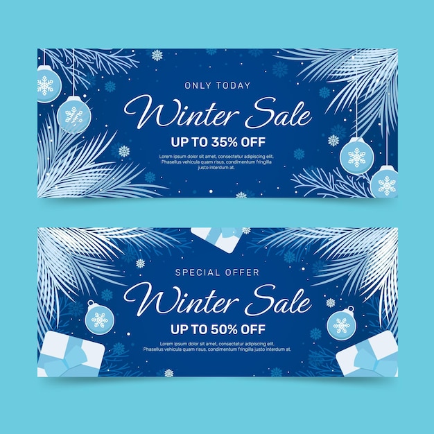 Conjunto de banners horizontales de rebajas de invierno plano