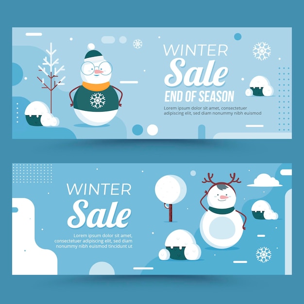 Vector conjunto de banners horizontales de rebajas de invierno plano