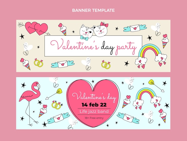 Vector conjunto de banners horizontales de san valentín dibujados a mano