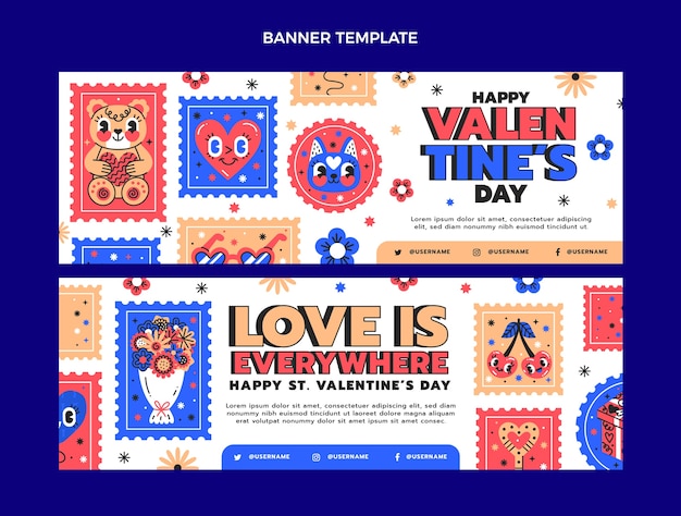 Conjunto de banners horizontales de san valentín dibujados a mano