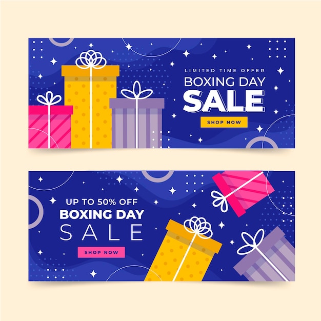 Vector conjunto de banners horizontales de venta de boxing day plano