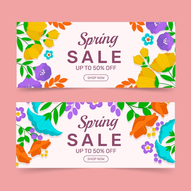 Conjunto de banners horizontales de venta de primavera plana